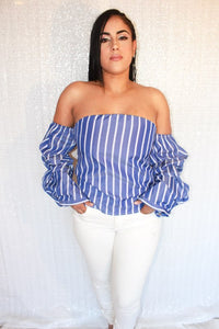 BLUE OFF THE SHOULDER STRIPE TOP