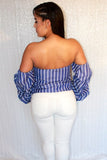 BLUE OFF THE SHOULDER STRIPE TOP