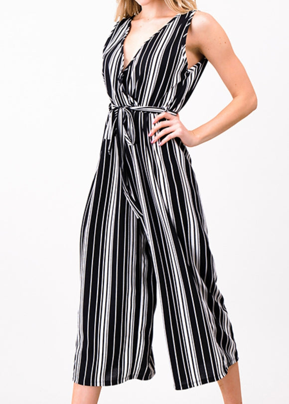 Black Stripe Sleeveless Wide leg Jumpsuit