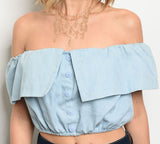 LIGHT DENIM OFF THE SHOULDER CROP TOP