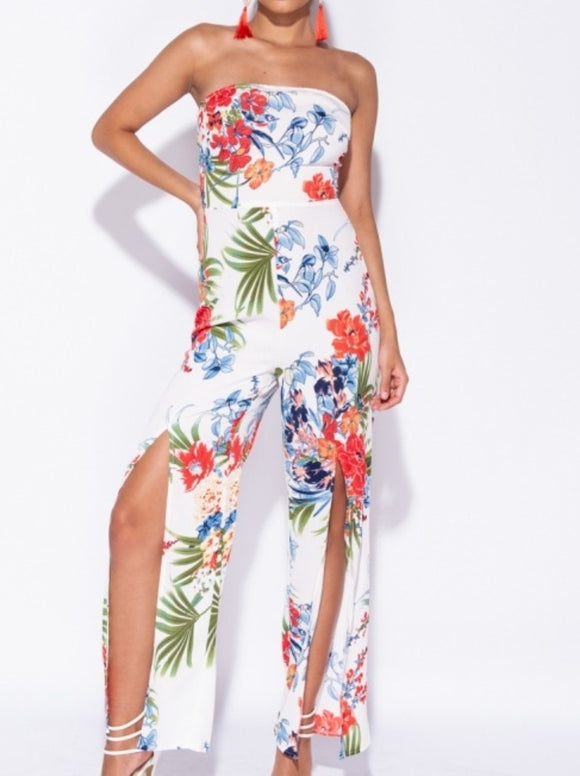 White Floral Slit Leg Jumpsuit