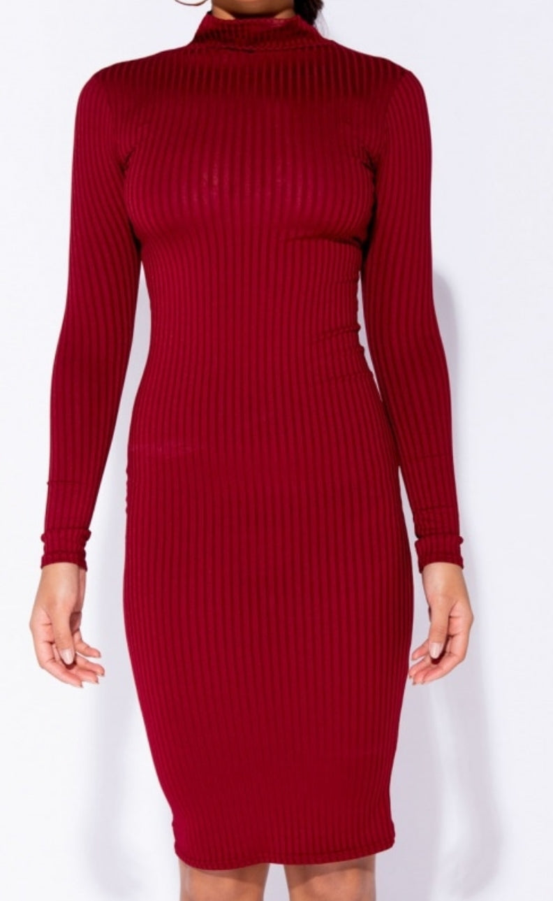 Burgundy Ribbed Knit Midi Dress