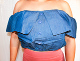 LIGHT DENIM OFF THE SHOULDER CROP TOP